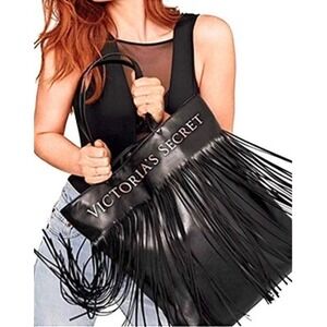 NWT Victoria's Secret Limited Edition black faux leather fringe tote bag